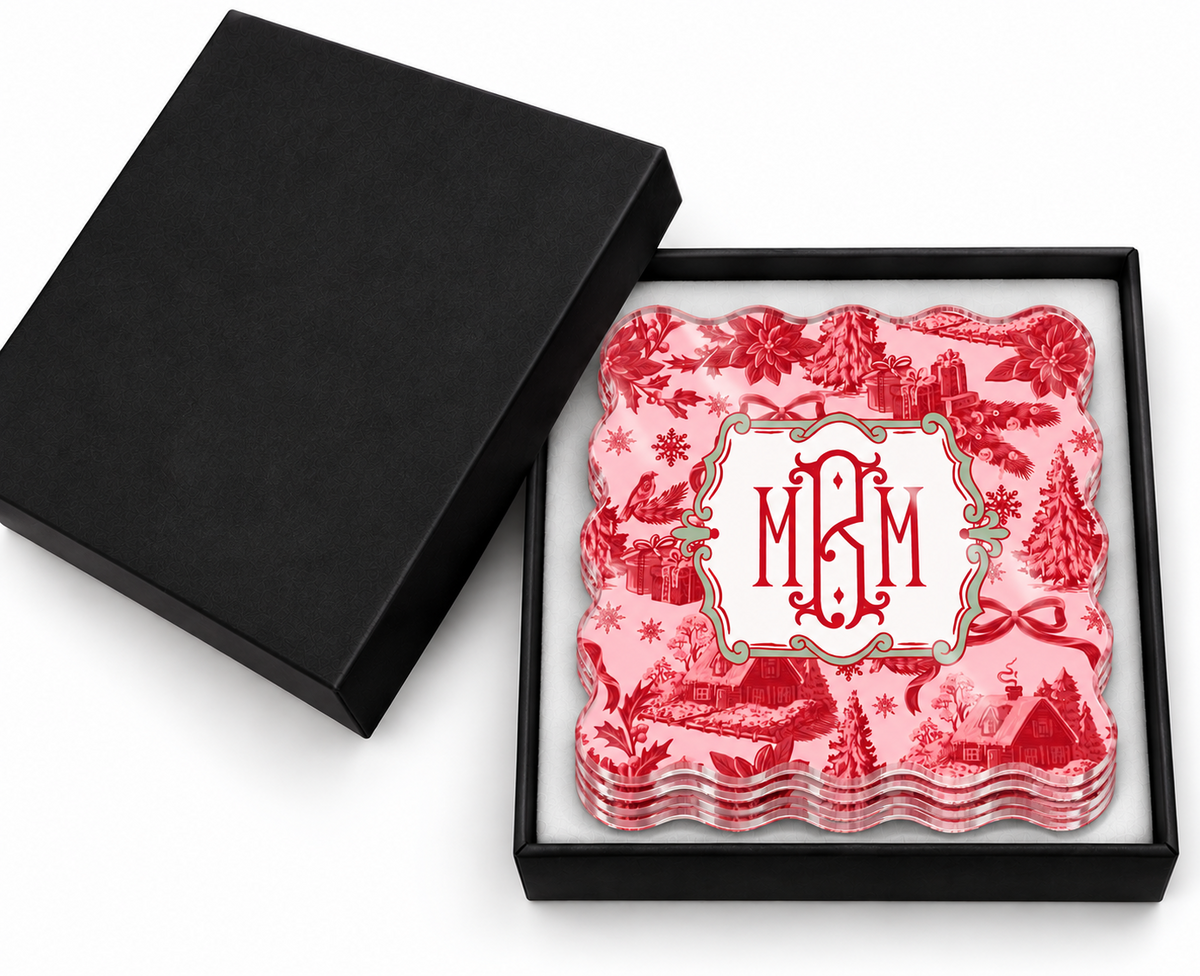 Holiday Toile Monogram Coaster Set