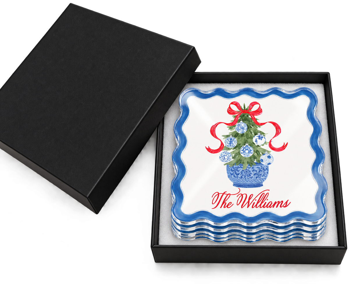 Personalized Chinoiserie Christmas Tree Coaster Set
