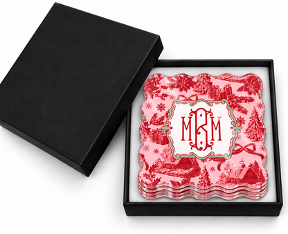 Holiday Toile Monogram Coaster Set
