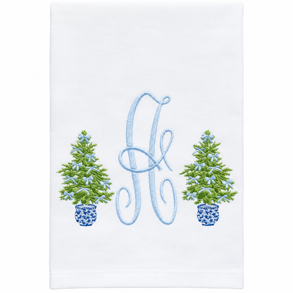 Blue Bow Christmas Tree Monogram Towel
