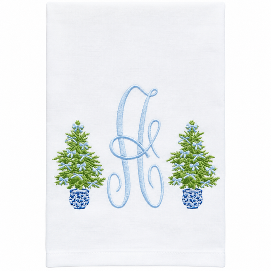Blue Bow Christmas Tree Monogram Towel