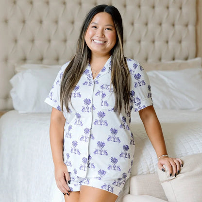 Purple and White Heirloom Pajama Shorts Set