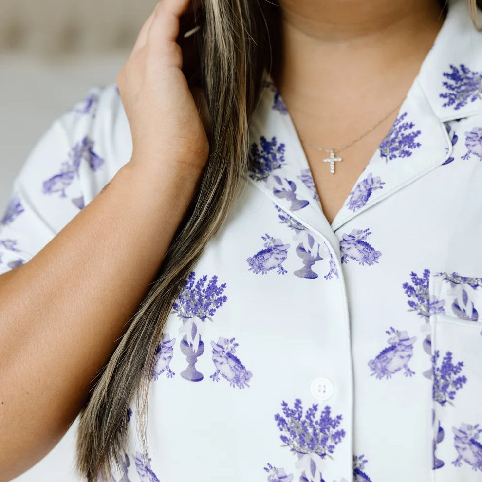Purple and White Heirloom Pajama Shorts Set