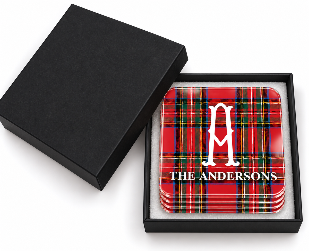 Tartan Plaid Monogram Coaster Set